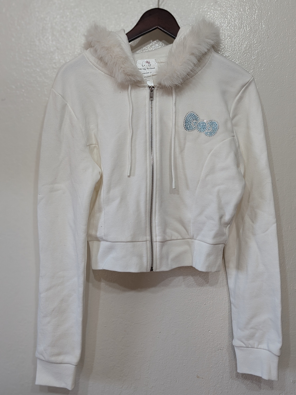 Forever 21 White Zip Front Athletic Hoodie with Subtle Striping